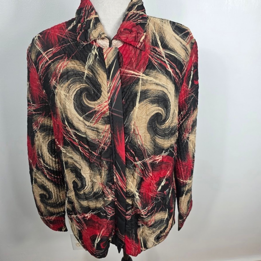 Boutique  Quilted Jacket Women XL Red Black‎ Tan Excellent Swirl Abstract Zip Up